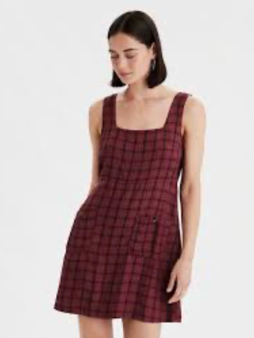 American Eagle Outfitters Burgundy Plaid Square-Neck Mini Dress